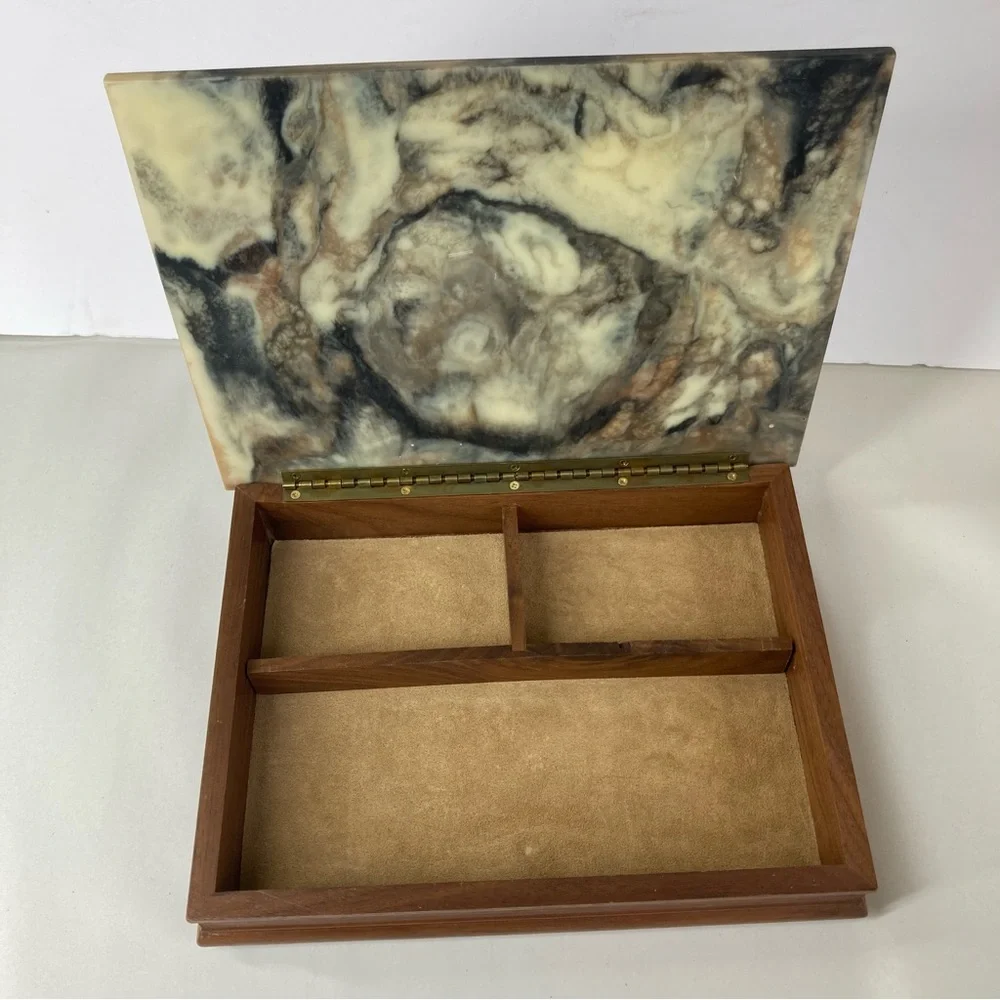 Incolay Stone Jewelry Box Vintage Dante Carved USA Made Horses American Walnut